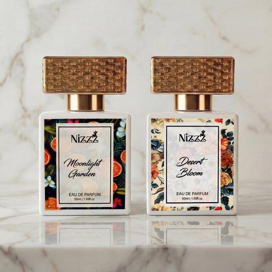 Celestial Dune layering combo: Moonlight Garden and Desert Bloom Eau de Parfum bottles