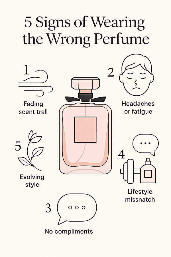 Premium perfume bottle surrounded by five subtle icons showing signs of choosing the wrong scent, on a luxury background.