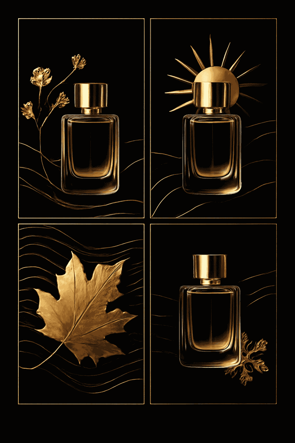 Luxury seasonal perfume bottles from Nizzz Perfumes for spring, summer, autumn, and winter.