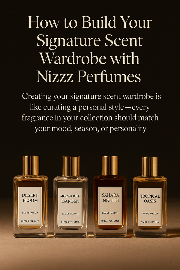 Nizzz Perfumes premium Eau de Parfums—Desert Bloom, Moonlight Garden, Sahara Nights, and Tropical Oasis displayed with luxury branding.