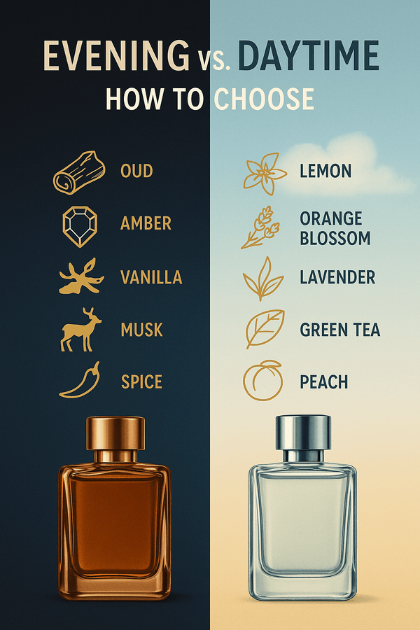 Split visual showing daytime vs. evening perfumes with bottles and fragrance notes on light and dark backgrounds for different times of day.
