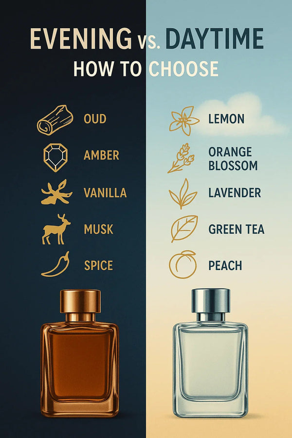 Split visual showing daytime vs. evening perfumes with bottles and fragrance notes on light and dark backgrounds for different times of day.