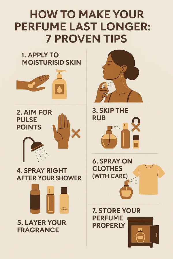 infographic with 7 tips to make perfume last longer, like moisturize skin, use pulse points, and layer scents