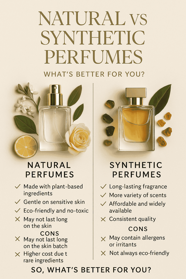 Visual comparison of natural vs synthetic perfumes with pros and cons listed.