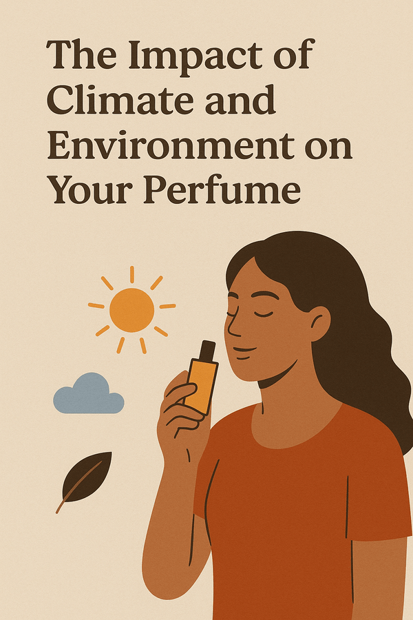 Minimalist illustration of a woman holding a perfume bottle, with sun, cloud, and leaf icons symbolizing weather’s impact on fragrance.