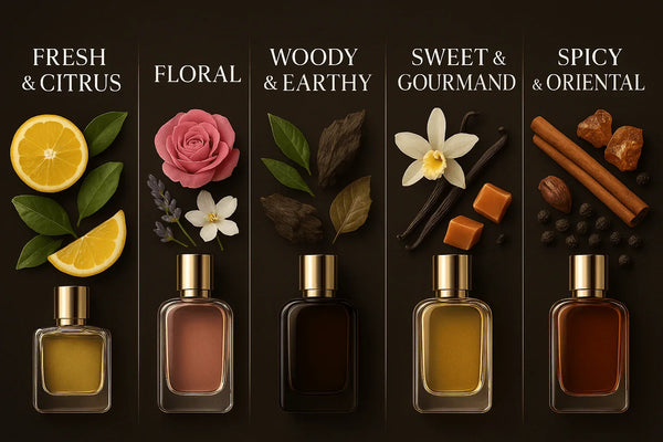 Perfume types shown with bottles and ingredients: citrus, floral, woody, sweet, and spicy on a dark premium background.