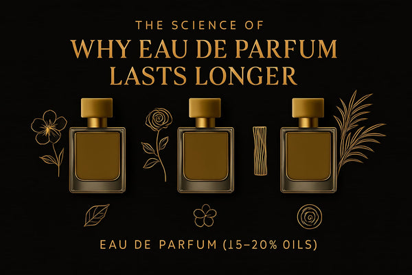 Minimalist luxury graphic showing why Eau de Parfum lasts longer with fragrance concentrations and elegant perfume bottles.