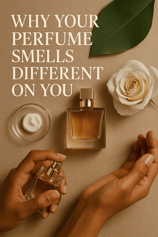 Perfume bottle with rose and hand applying scent, showcasing scent differences on skin.