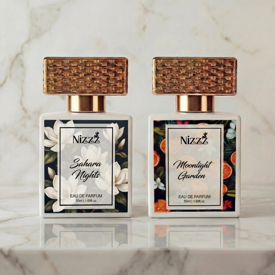 Midnight Oasis layering combo: Moonlight Garden and Sahara Nights Eau de Parfum bottles