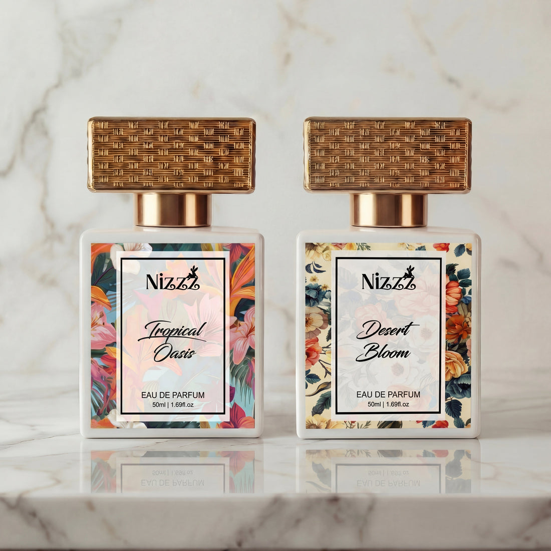Amber Oasis layering combo: Desert Bloom and Tropical Oasis Eau de Parfum bottles