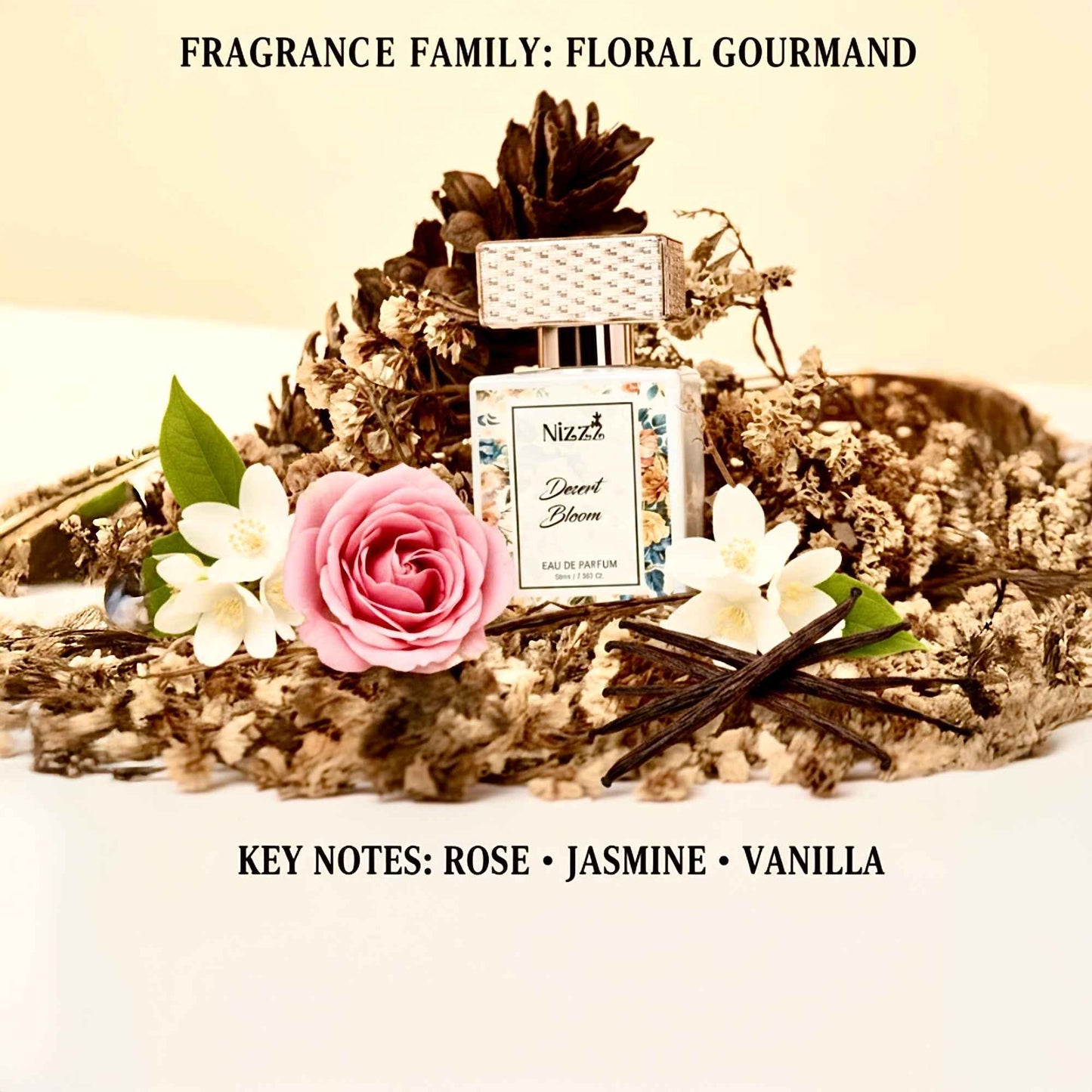 Floral gourmand perfume with rose, jasmine, vanilla notes, surrounded by dried flowers and vanilla beans