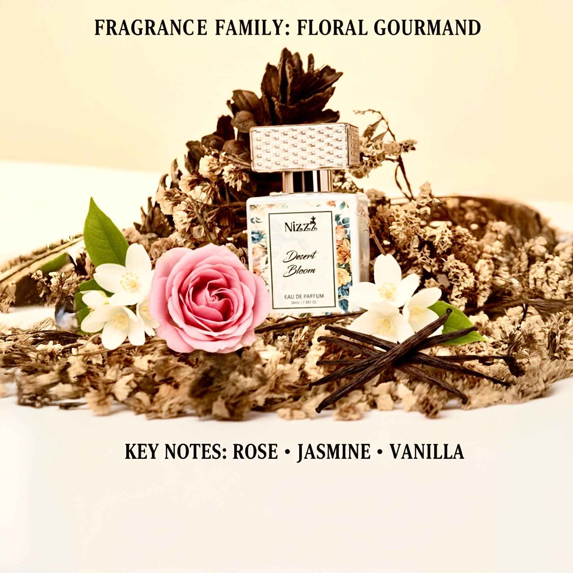 Floral gourmand perfume with rose, jasmine, vanilla notes, surrounded by dried flowers and vanilla beans