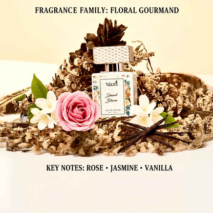 Floral gourmand perfume with rose, jasmine, vanilla notes, surrounded by dried flowers and vanilla beans