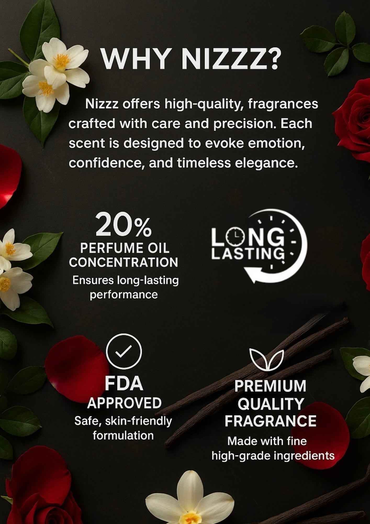 Premium floral perfumes with 20% oil concentration, long-lasting, made with high-grade ingredients