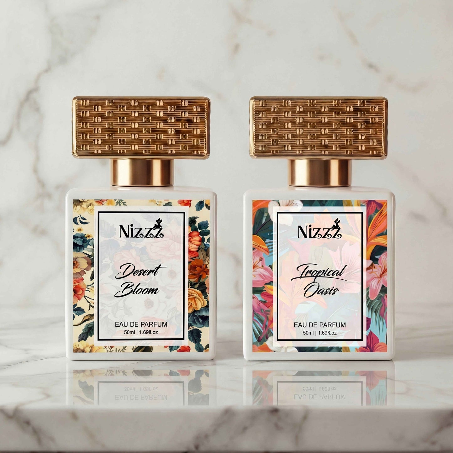 Two Nizzz floral perfumes, Desert Bloom and Tropical Oasis, with gold caps on marble