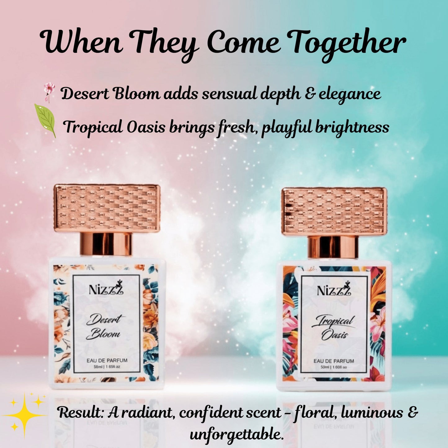 Two floral perfume bottles, Desert Bloom and Tropical Oasis, with elegant rose gold caps and vibrant labels.