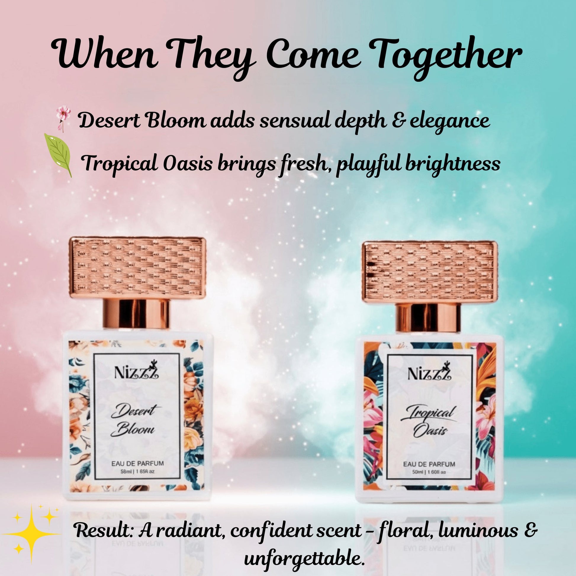 Two floral perfume bottles, Desert Bloom and Tropical Oasis, with elegant rose gold caps and vibrant labels.