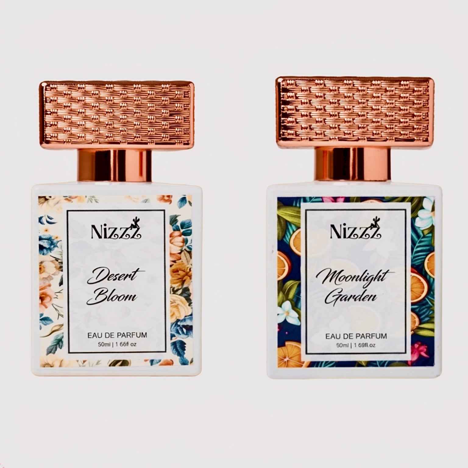 Two floral perfume bottles: Desert Bloom and Moonlight Garden Eau de Parfum with rose gold caps