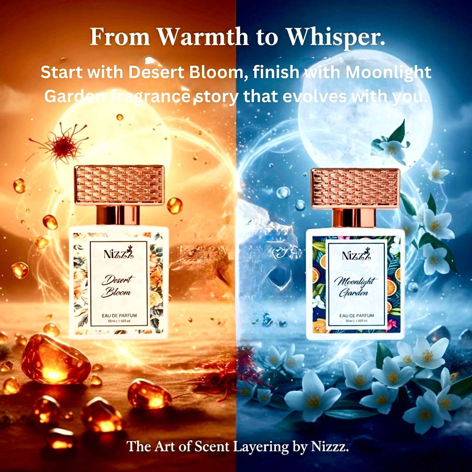 Desert Bloom and Moonlight Garden floral perfumes for scent layering, evoking warmth to whisper