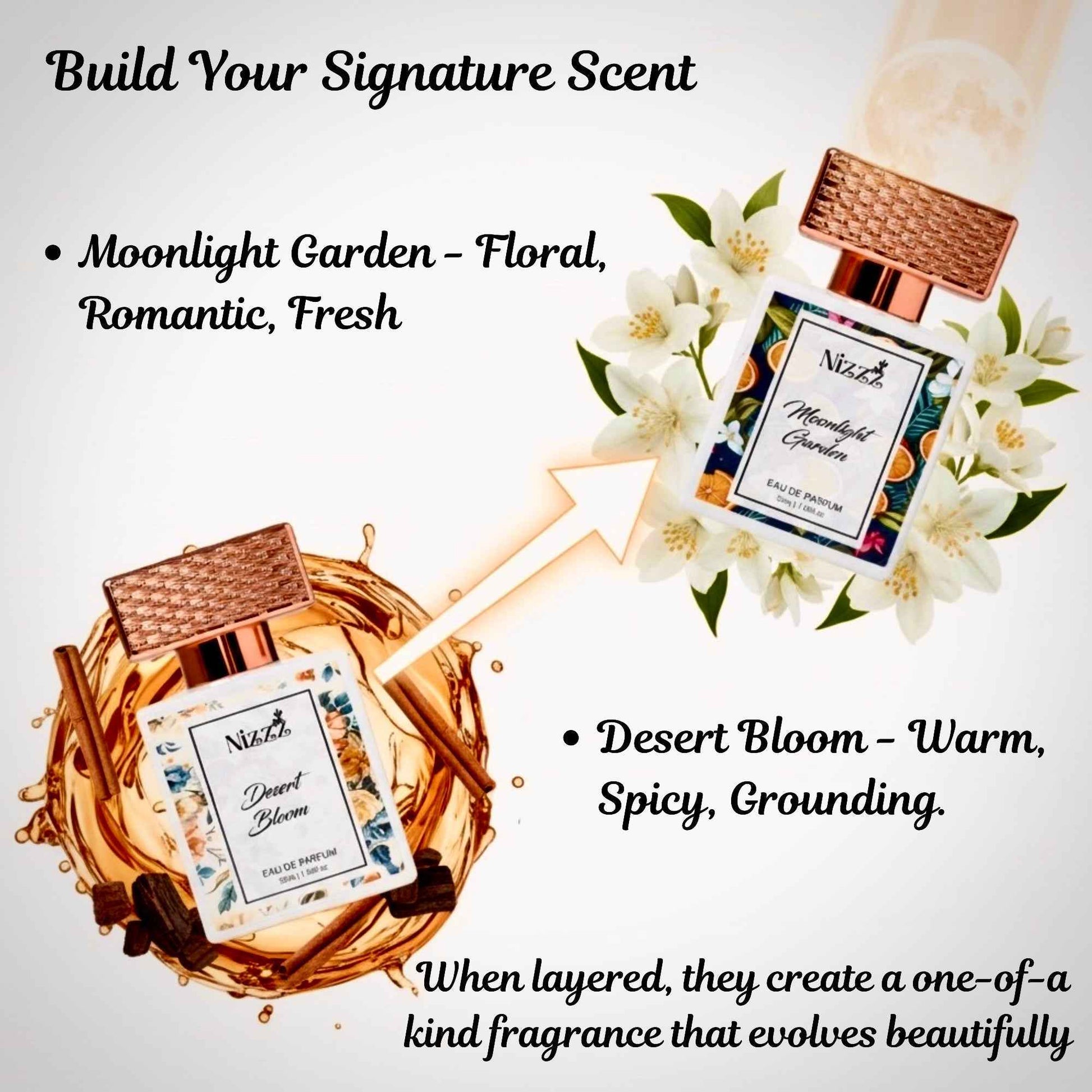 Moonlight Garden & Desert Bloom perfumes: floral romantic and warm spicy scents for layering