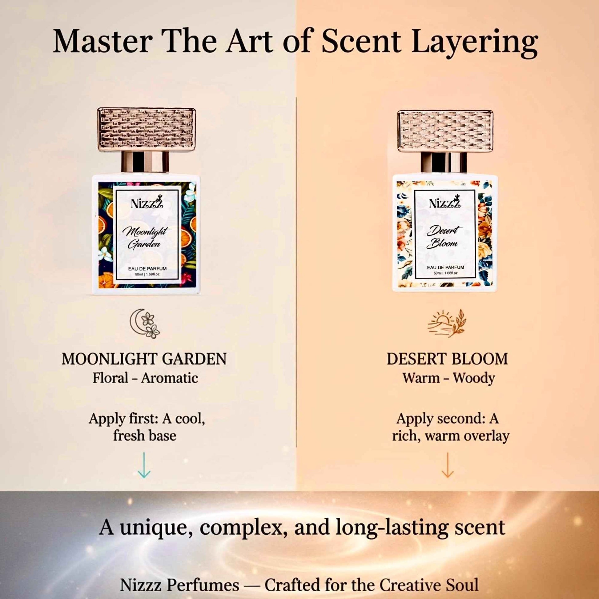 Moonlight Garden & Desert Bloom perfumes for scent layering — floral aromatic and warm woody notes