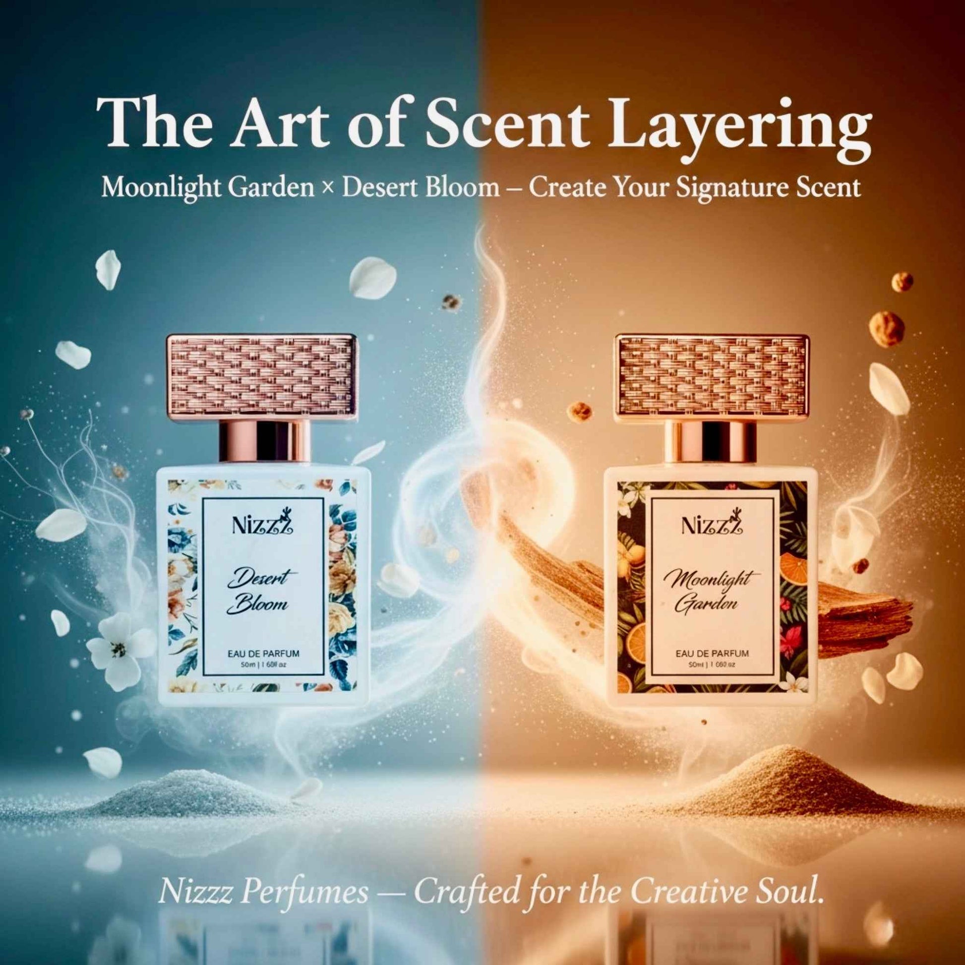 Moonlight Garden and Desert Bloom perfumes for scent layering, floral fragrance duo with elegant bottles