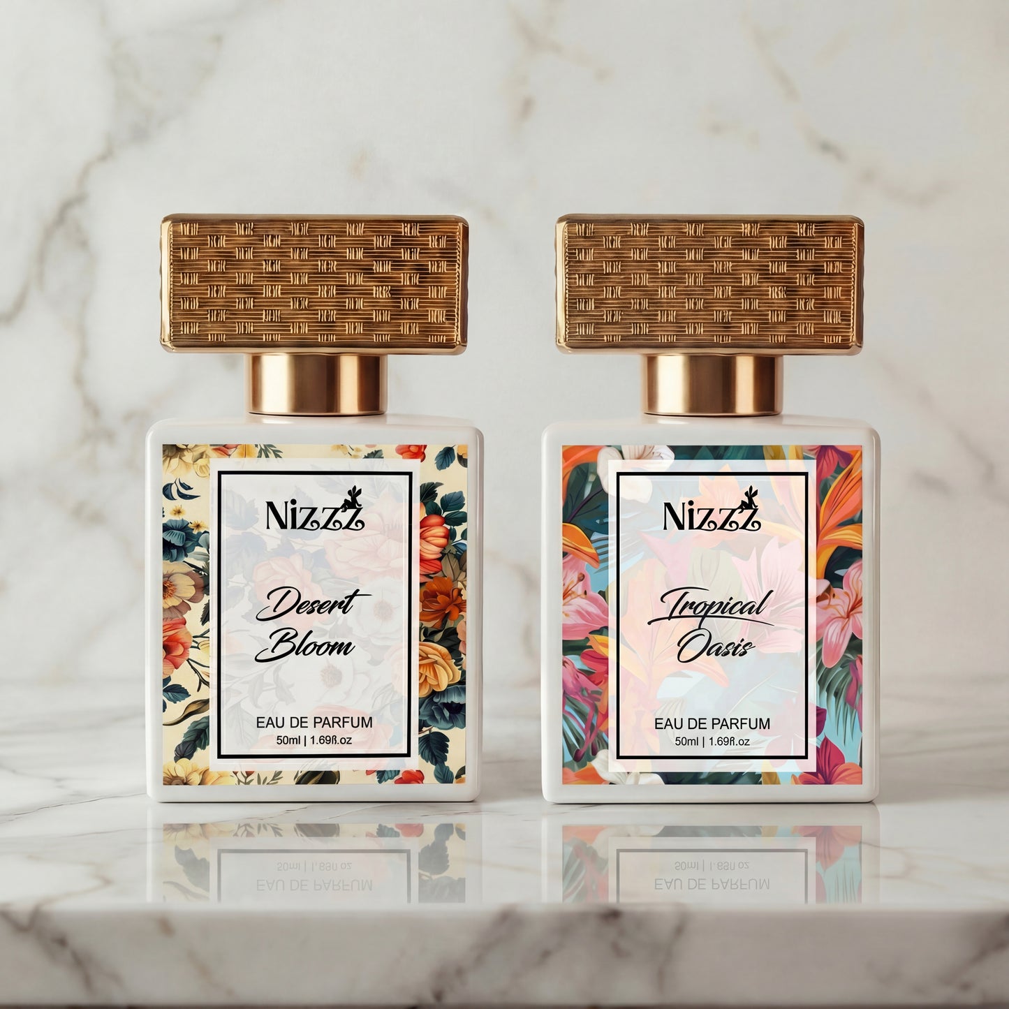 Two Nizzz floral perfumes, Desert Bloom and Tropical Oasis, with gold caps on marble