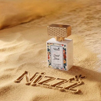 Nizzz Desert Bloom Eau de Parfum bottle in golden sand, floral label, luxury fragrance for women