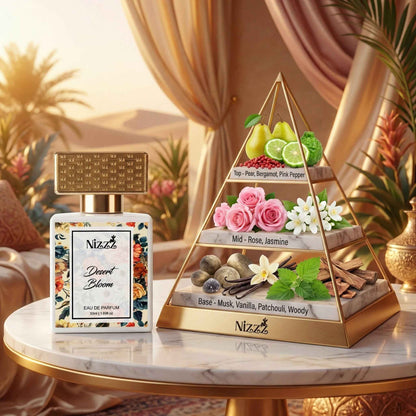 Nizzz Desert Bloom Eau de Parfum bottle with floral notes pyramid, featuring pear, rose, musk, and vanilla scents