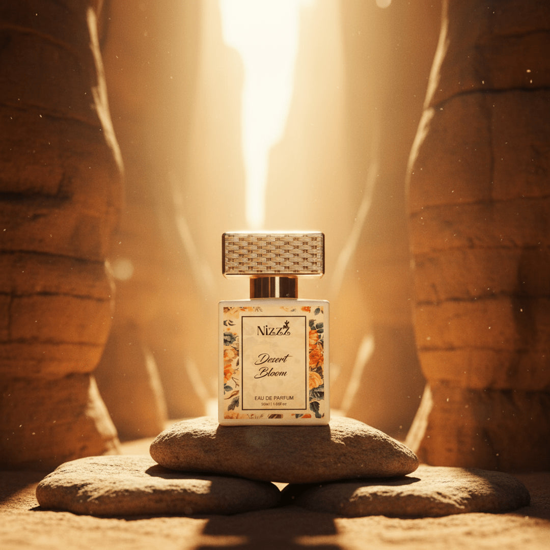 Desert Bloom Eau de Parfum bottle with floral design, set against warm, sunlit canyon backdrop