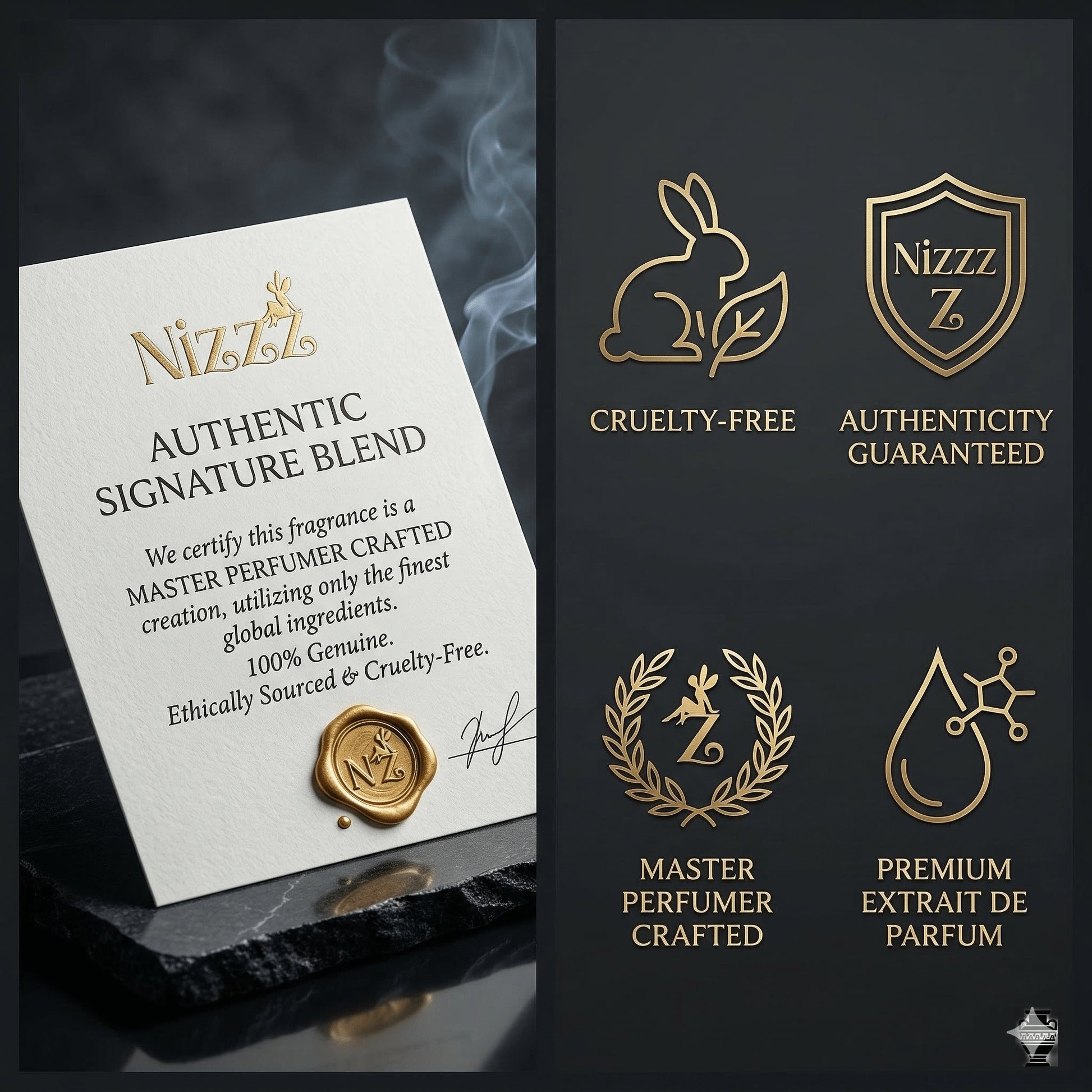 Authentic signature blend perfume certificate with cruelty-free and premium extrait de parfum icons