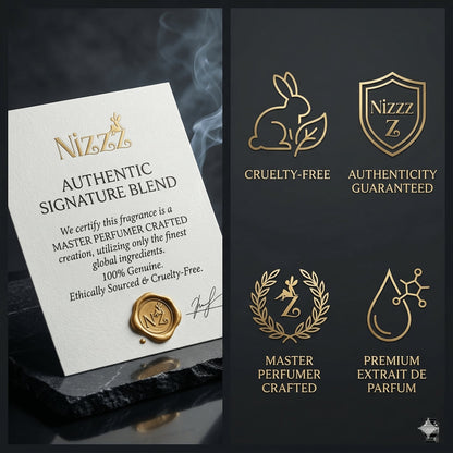 Authentic signature blend perfume certificate with cruelty-free and premium extrait de parfum icons