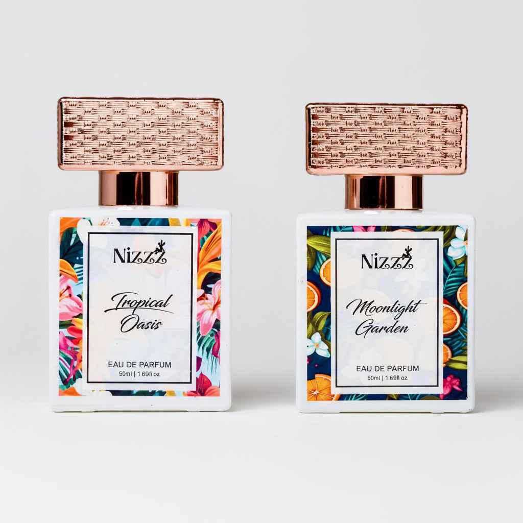 Two Nizzz floral perfumes: Tropical Oasis & Moonlight Garden, 50ml eau de parfum with rose gold caps