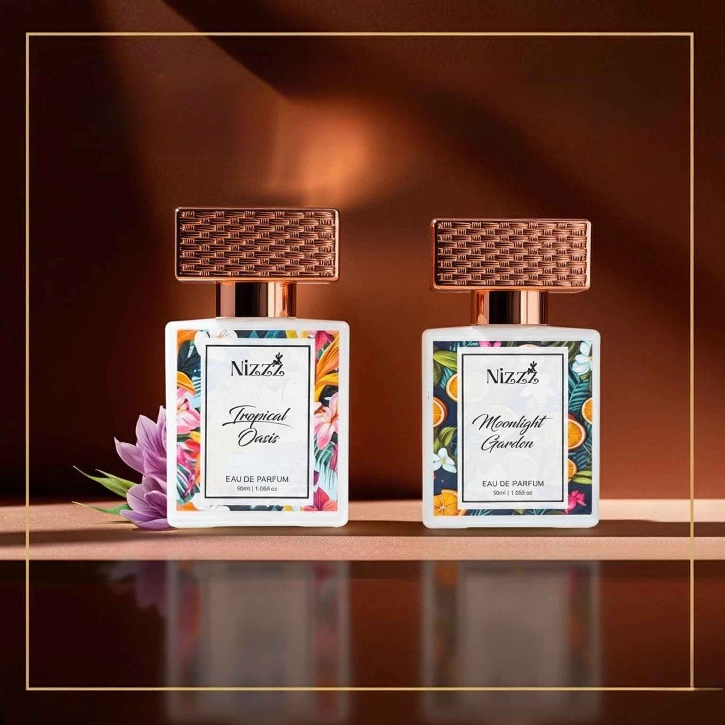 Two Nizzz floral perfume bottles, Tropical Oasis and Moonlight Garden, with woven caps and vibrant labels on reflective surface