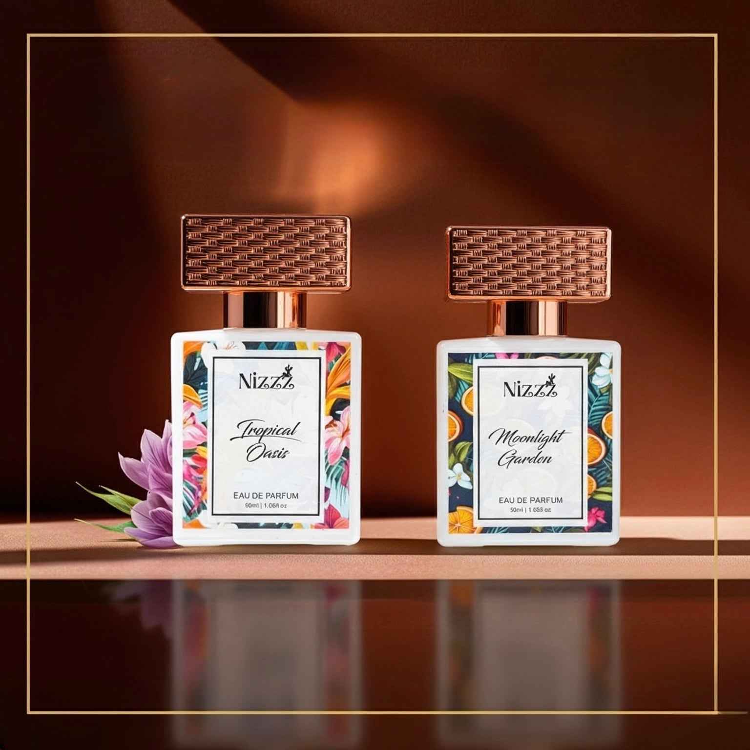 Two Nizzz floral perfume bottles, Tropical Oasis and Moonlight Garden, with woven caps and vibrant labels on reflective surface