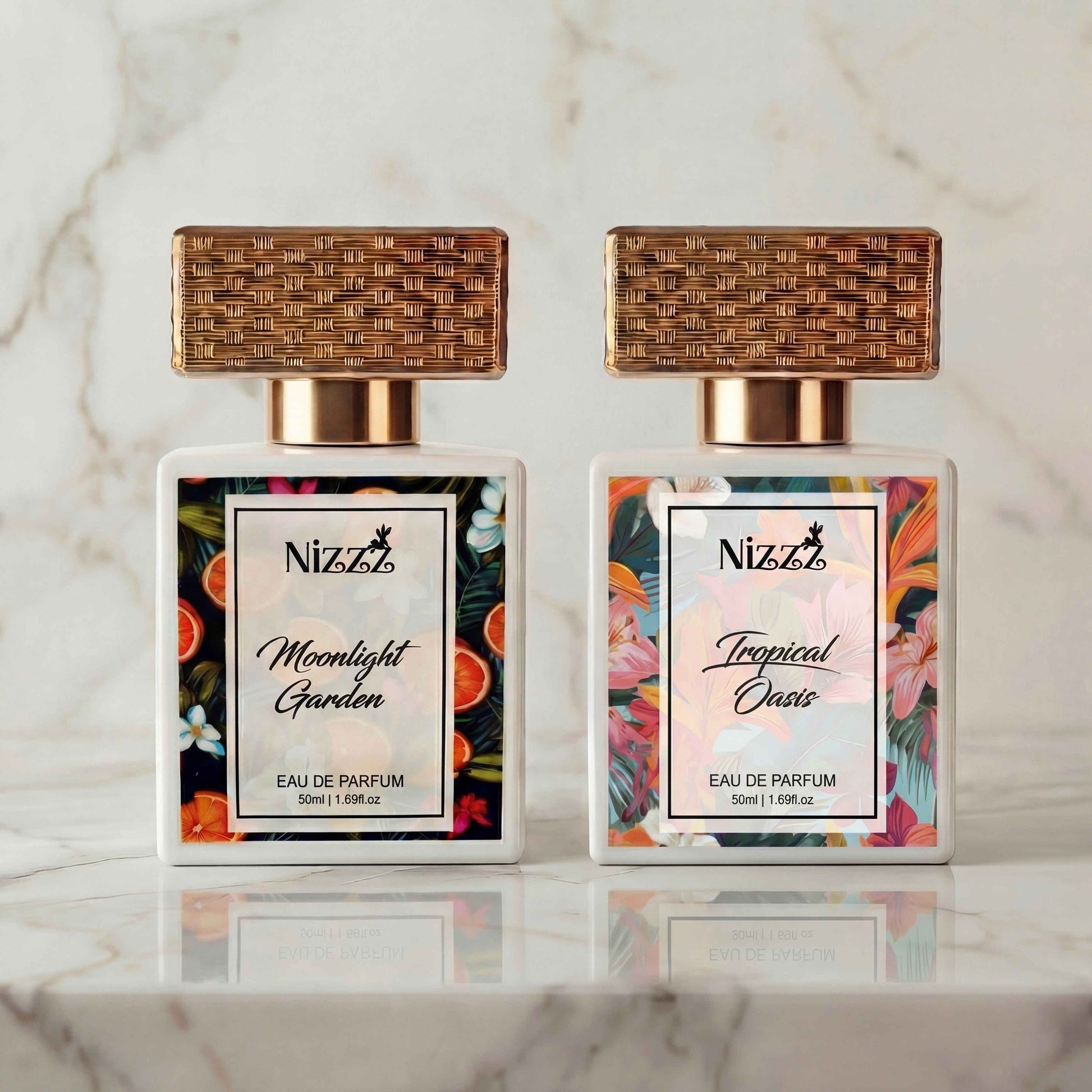 Nizzz floral perfumes Moonlight Garden and Tropical Oasis on marble surface