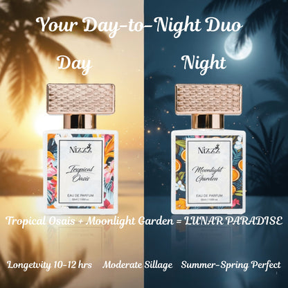 Tropical Oasis & Moonlight Garden perfumes for day and night, long-lasting floral scents perfect for spring and summer