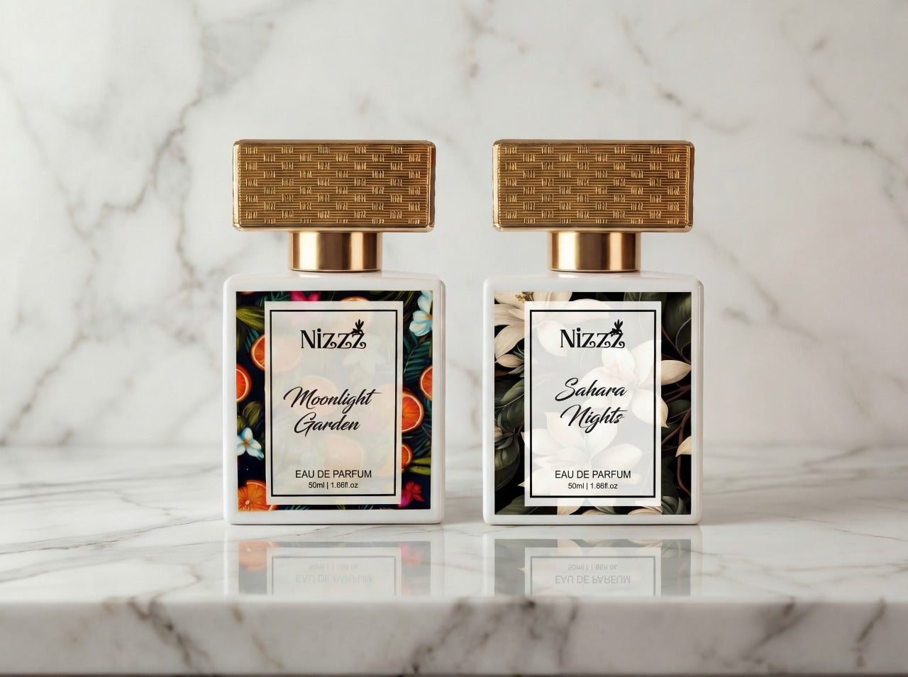 Two elegant Nizzz floral perfumes, Moonlight Garden and Sahara Nights, on marble surface