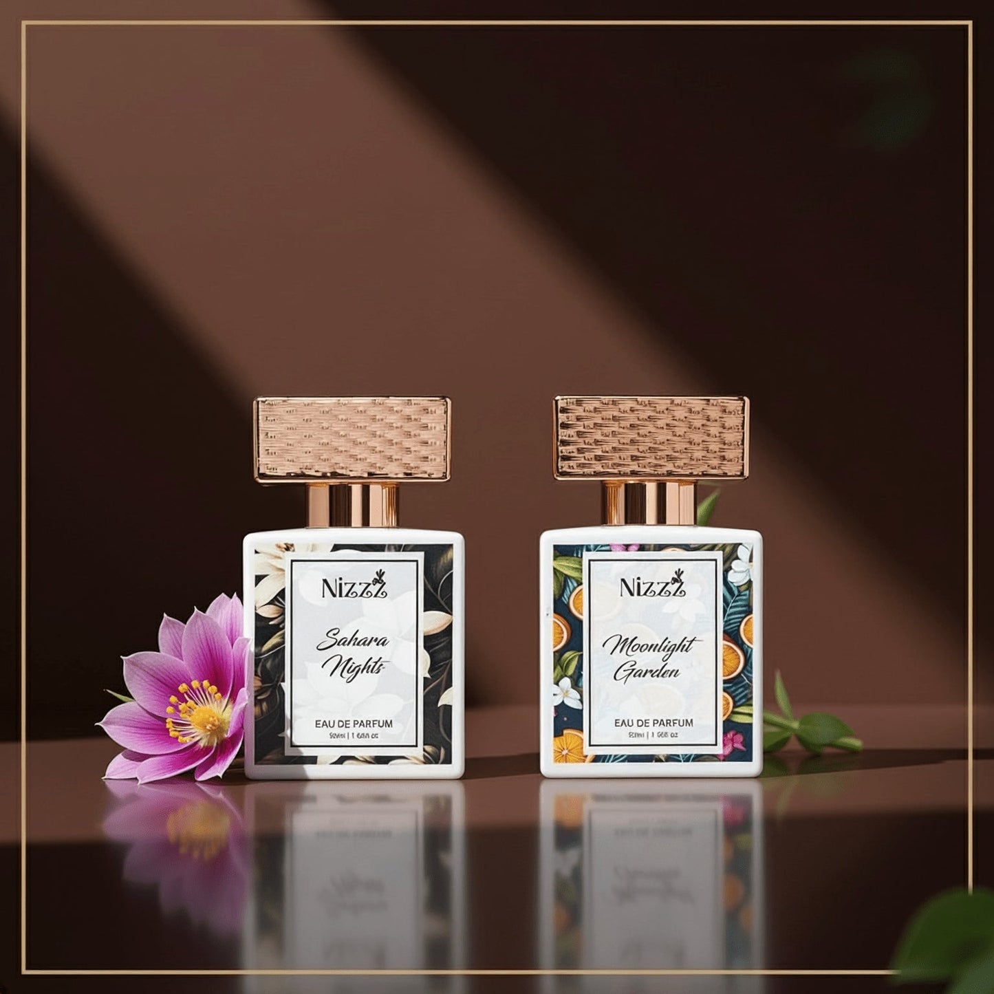 Two elegant Nizzz floral perfume bottles, Sahara Nights and Moonlight Garden, with pink flower accent on reflective surface