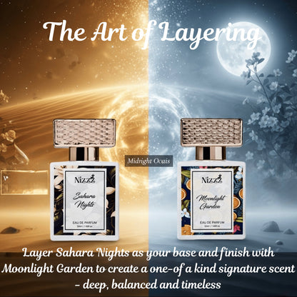 Layer Sahara Nights & Moonlight Garden perfumes for a signature scent — deep, balanced, timeless floral fragrance
