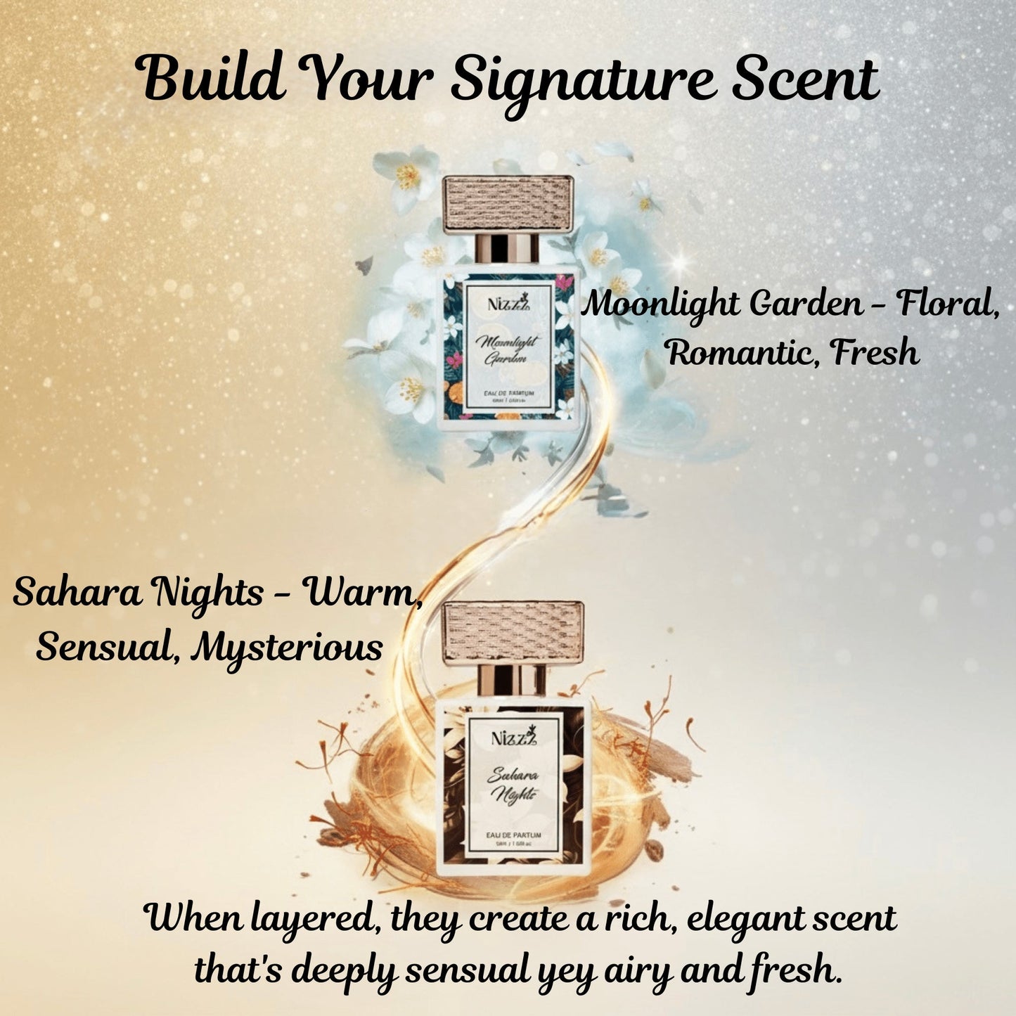 Moonlight Garden & Sahara Nights perfumes — floral, romantic, warm, sensual scents for layering