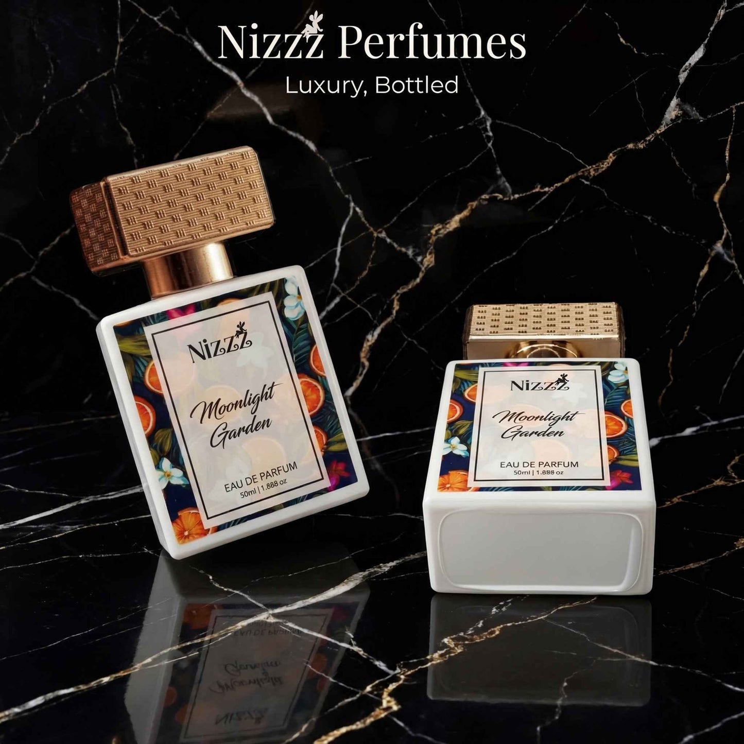Moonlight Garden Eau de Parfum bottles with floral design on black marble, luxury fragrance