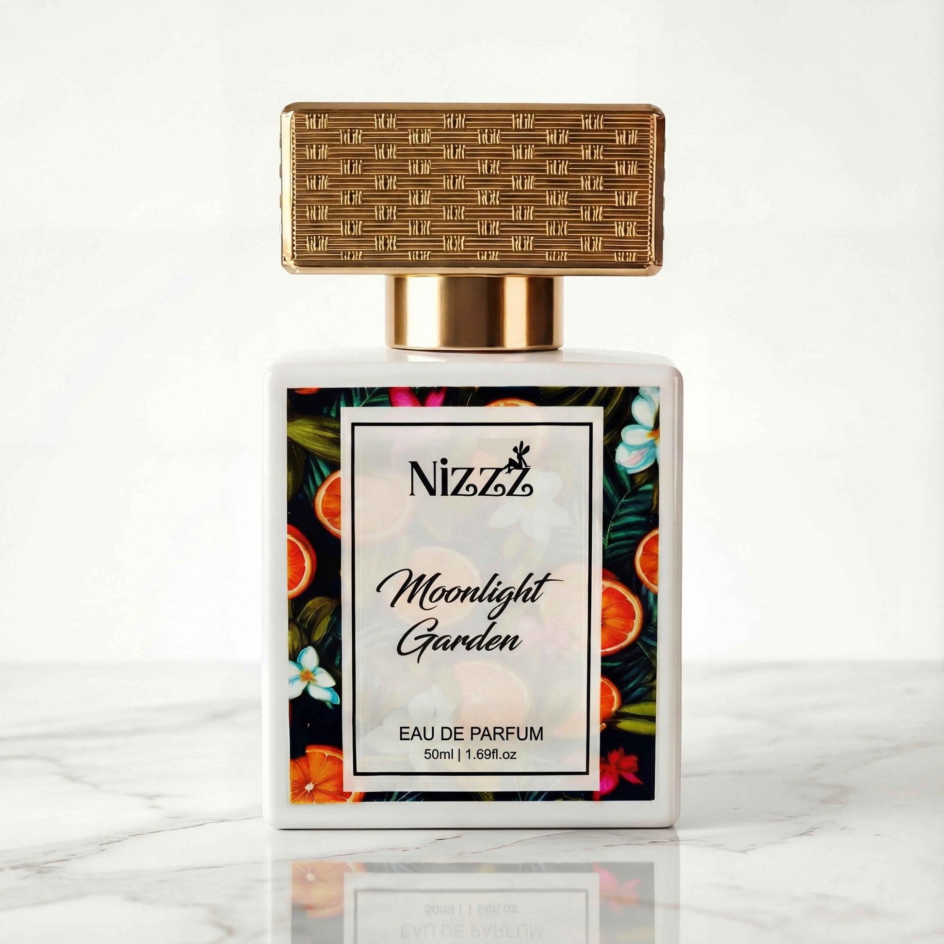 Nizzz Moonlight Garden Eau de Parfum bottle with floral citrus label and gold cap on marble