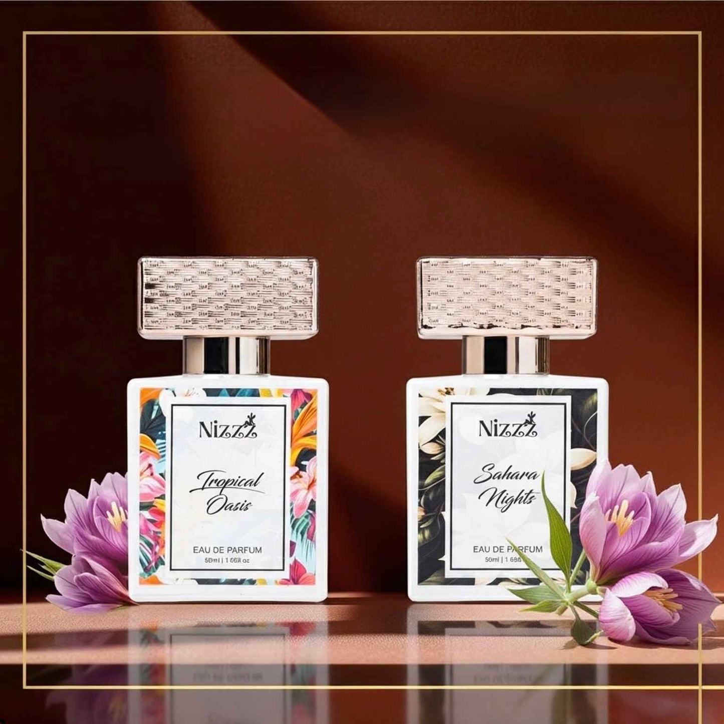 Two Nizzz floral perfumes, Tropical Oasis and Sahara Nights, with purple flowers on a reflective surface