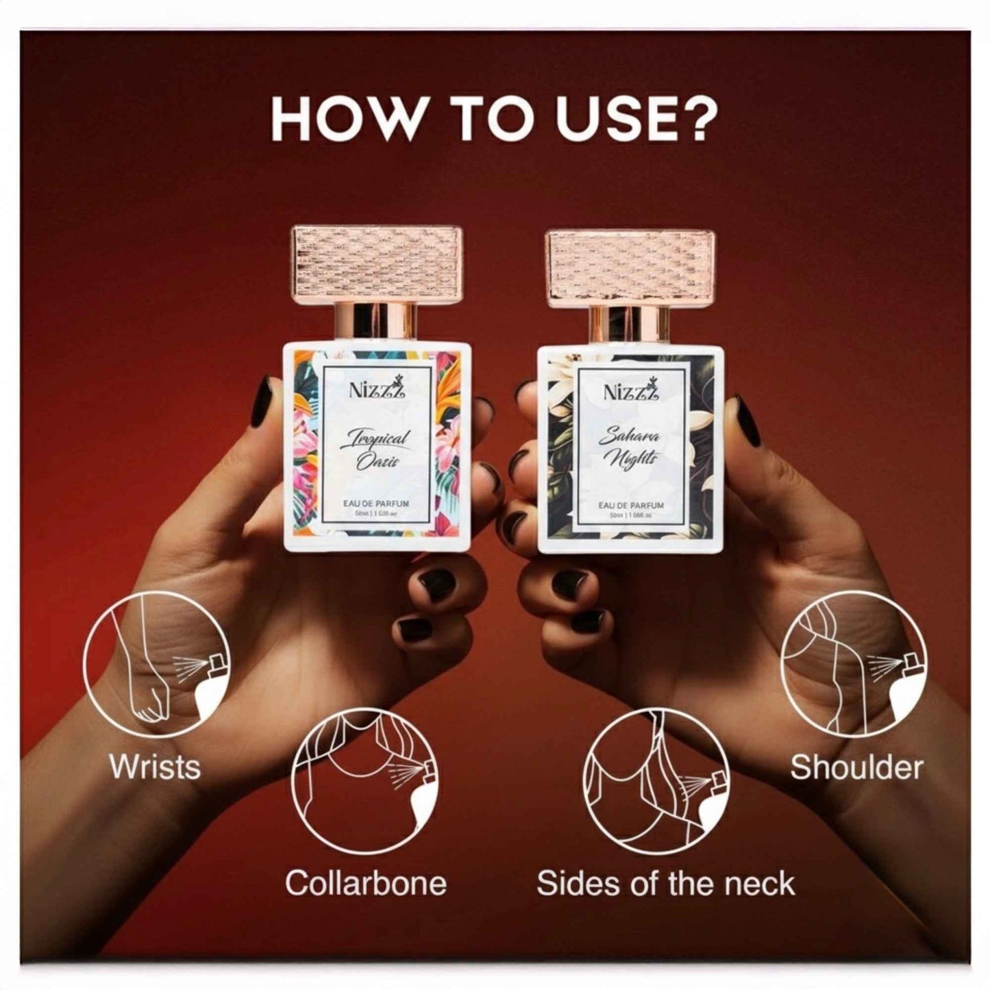 How to apply floral perfumes: spray on wrists, collarbone, neck sides, and shoulders for long-lasting scent