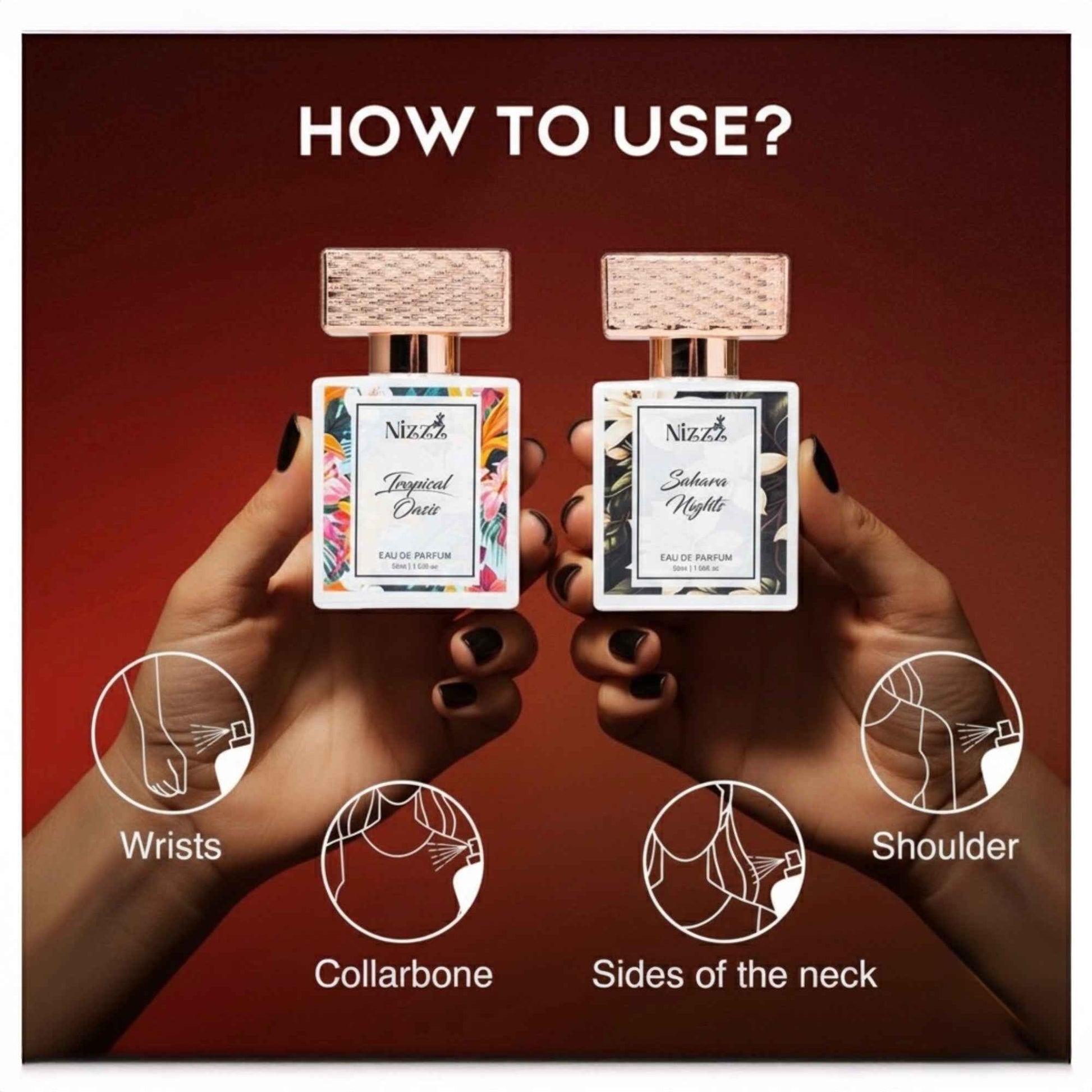 How to apply floral perfumes: spray on wrists, collarbone, neck sides, and shoulders for long-lasting scent