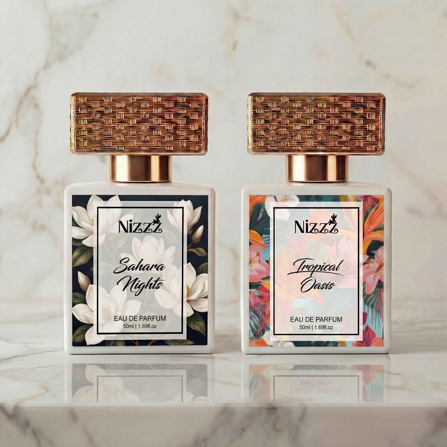 Two Nizzz floral perfumes: Sahara Nights and Tropical Oasis, with woven caps on marble