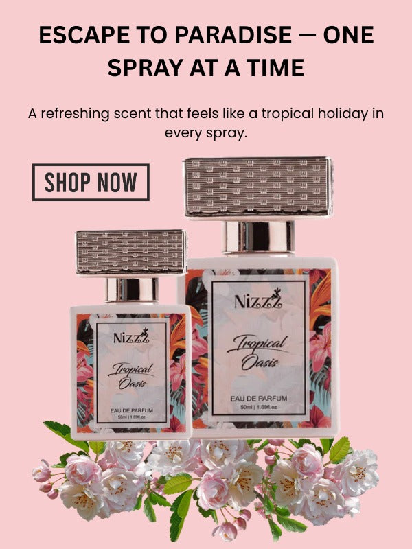 Advertisement for Nizzz Lotis Tropical Oasis perfume with floral design on a pink background