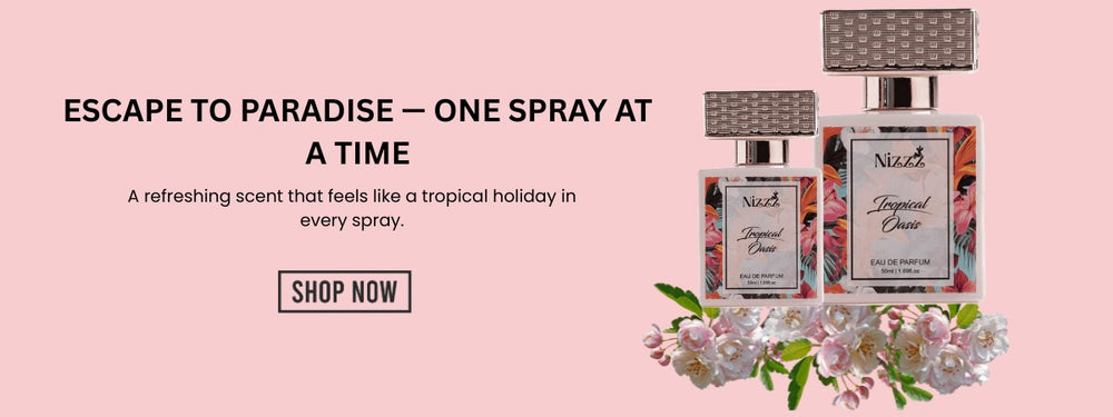 Perfume bottle with floral design on a pink background, featuring the brand 'Nizzz'.