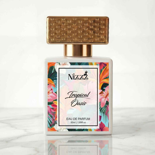 Nizzz Tropical Oasis Eau de Parfum bottle with floral label and gold cap on marble surface